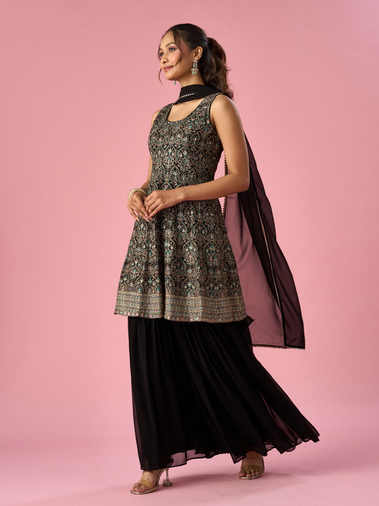 Mohey Women Black Georgette Sharara Suit with Sequin Work