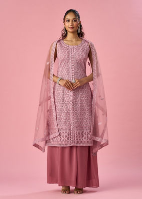 Mohey Women Dusty Pink Net Palazzo Suit with Sequin Work