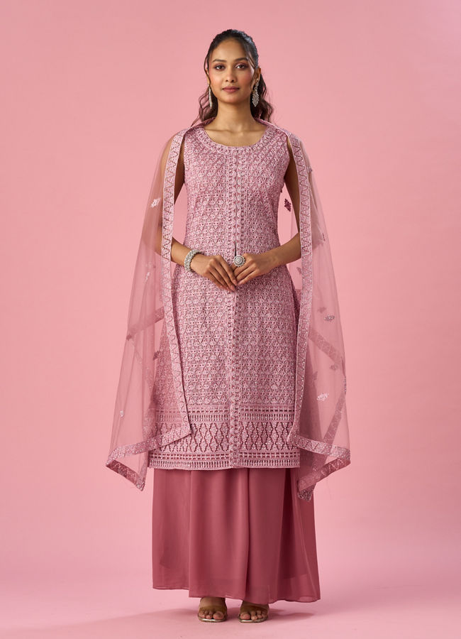 Mohey Women Dusty Pink Net Palazzo Suit with Sequin Work