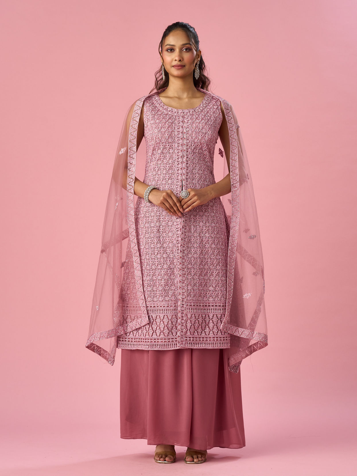 Mohey Women Dusty Pink Net Palazzo Suit with Sequin Work