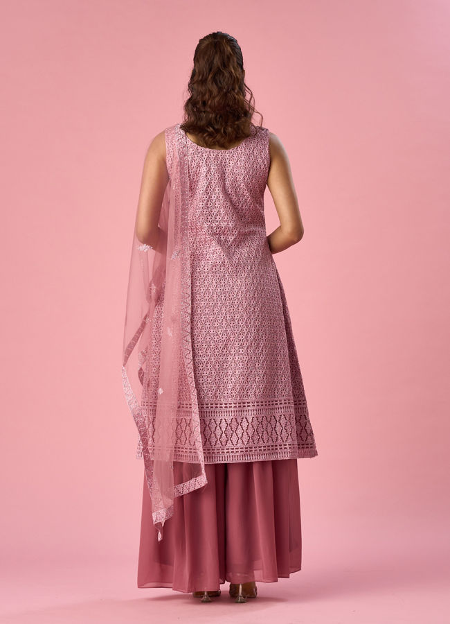 Mohey Women Dusty Pink Net Palazzo Suit with Sequin Work