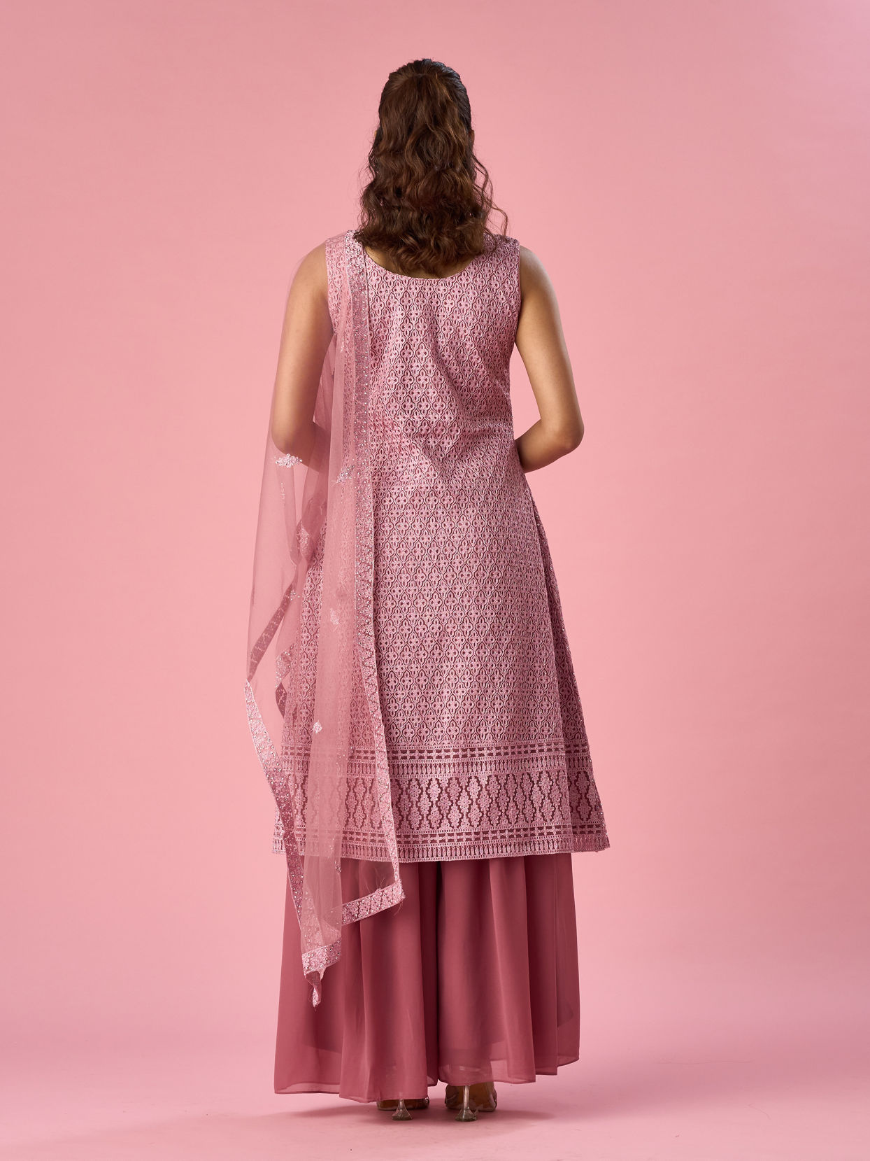 Mohey Women Dusty Pink Net Palazzo Suit with Sequin Work
