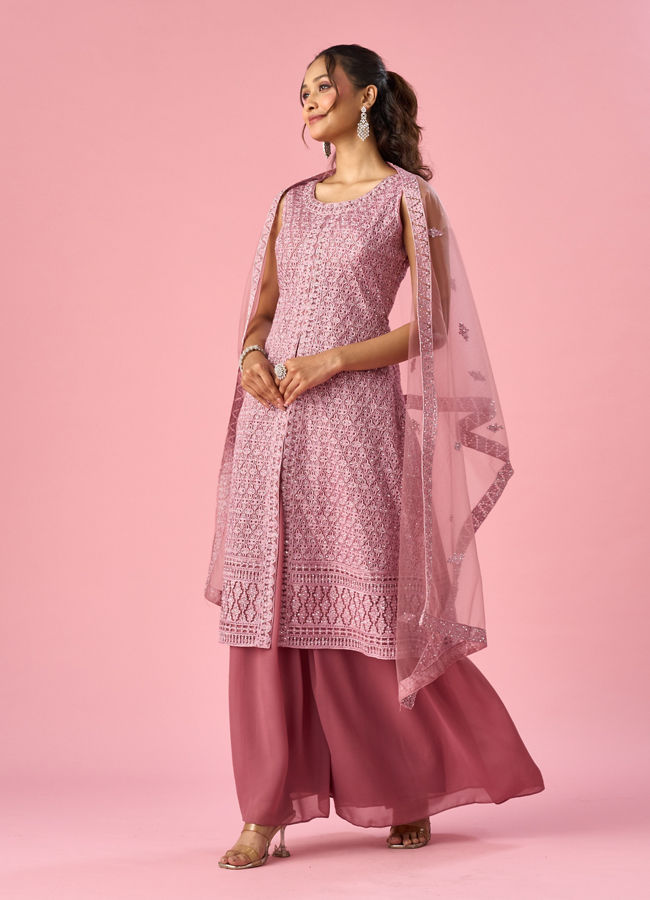 Mohey Women Dusty Pink Net Palazzo Suit with Sequin Work