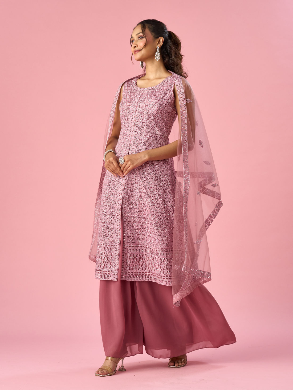 Mohey Women Dusty Pink Net Palazzo Suit with Sequin Work