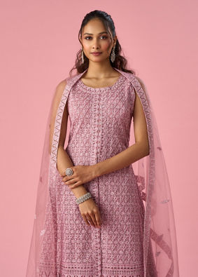 Mohey Women Dusty Pink Net Palazzo Suit with Sequin Work
