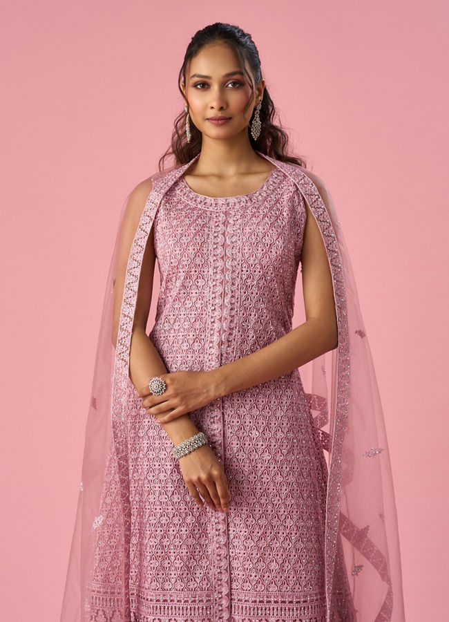 Mohey Women Dusty Pink Net Palazzo Suit with Sequin Work