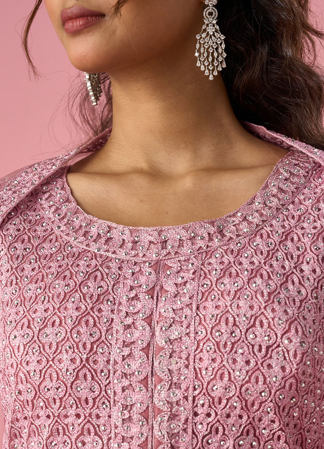 Mohey Women Dusty Pink Net Palazzo Suit with Sequin Work