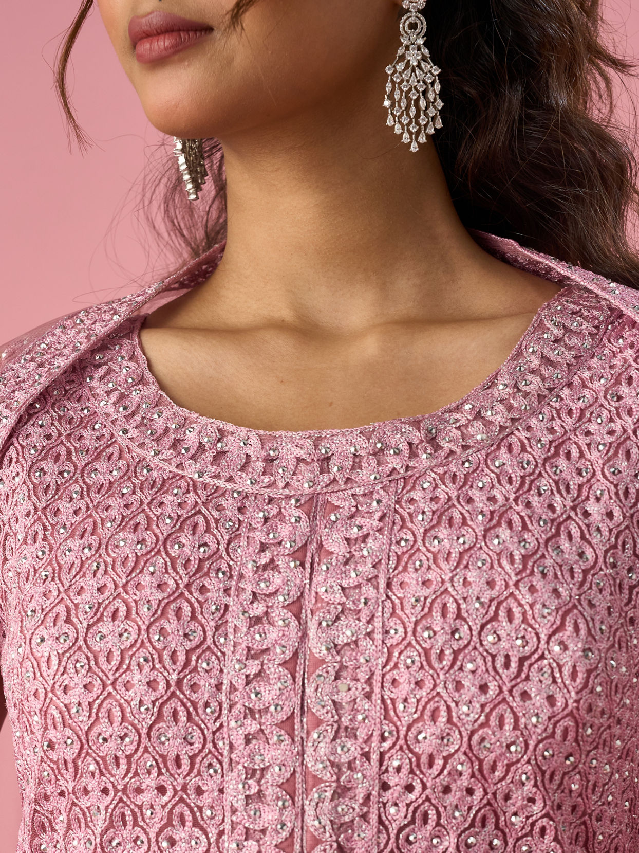 Mohey Women Dusty Pink Net Palazzo Suit with Sequin Work