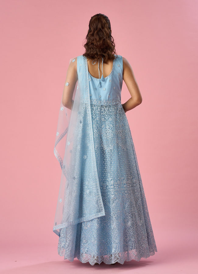 Mohey Women Light Blue Net Anarkali Suit with Stone Work