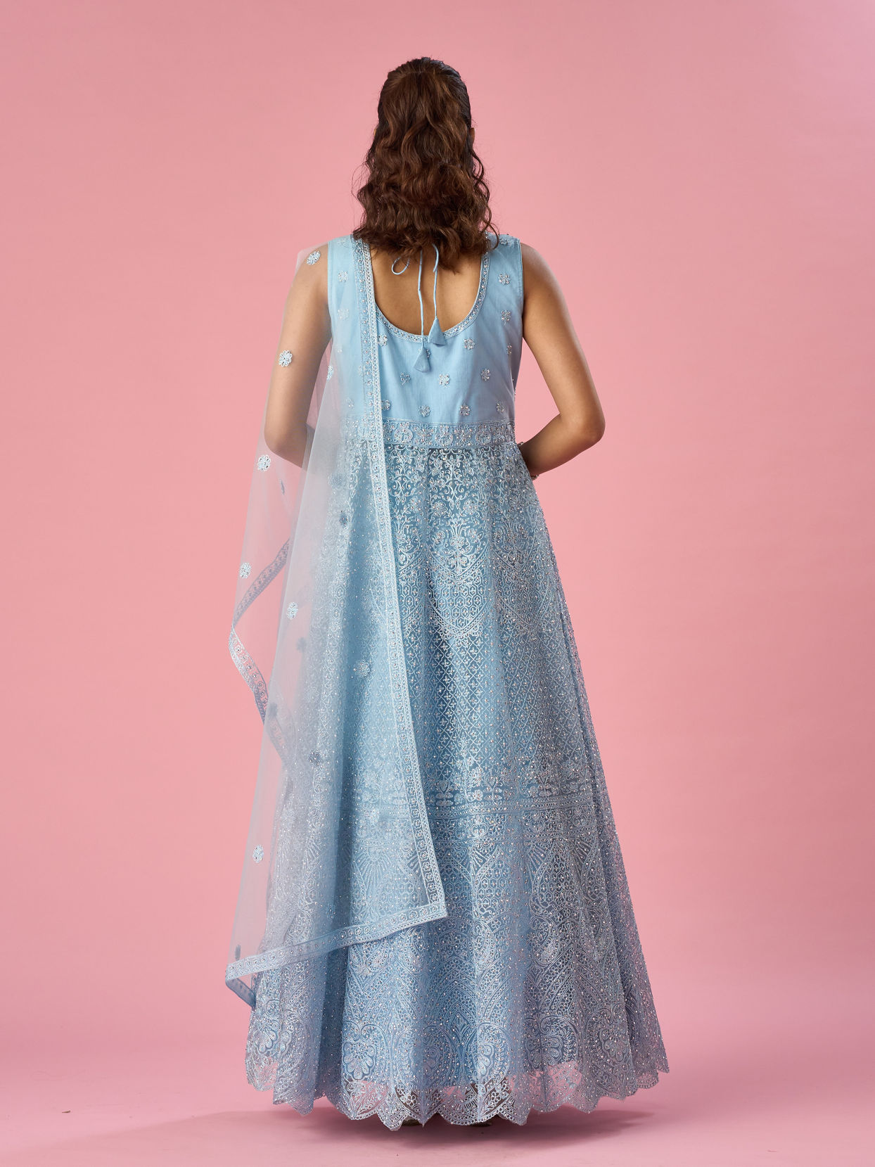Mohey Women Light Blue Net Anarkali Suit with Stone Work