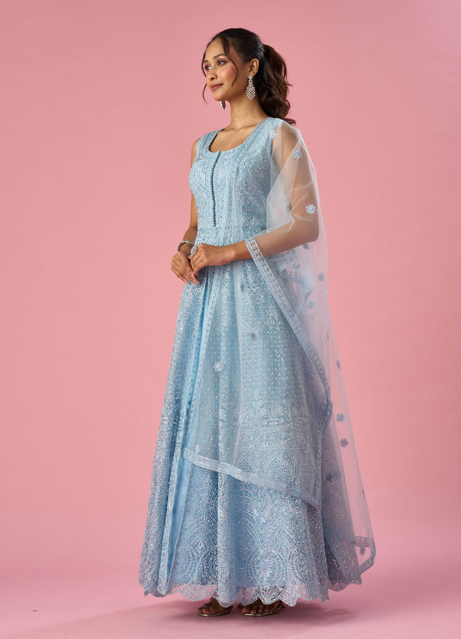 Mohey Women Light Blue Net Anarkali Suit with Stone Work