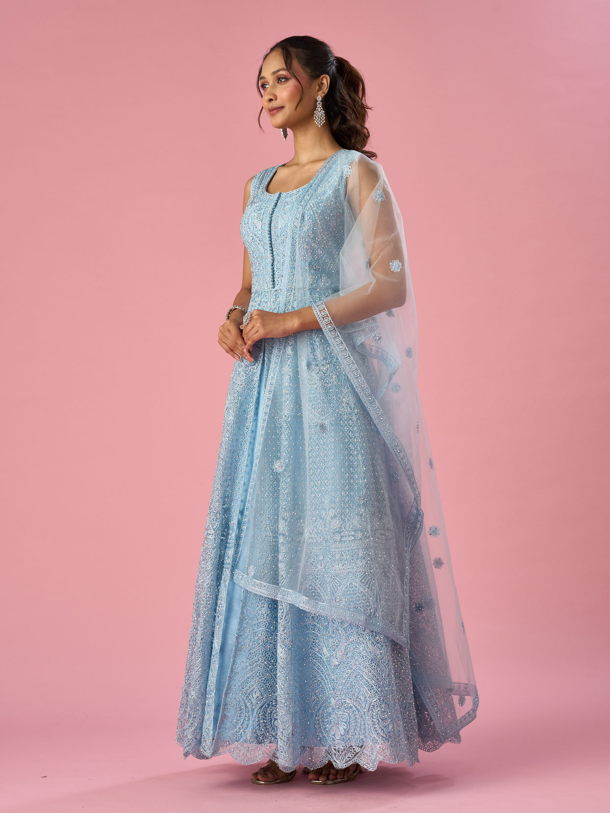Mohey Women Light Blue Net Anarkali Suit with Stone Work