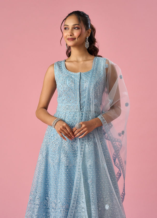 Mohey Women Light Blue Net Anarkali Suit with Stone Work