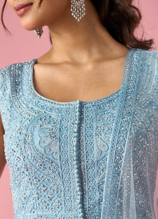 Mohey Women Light Blue Net Anarkali Suit with Stone Work