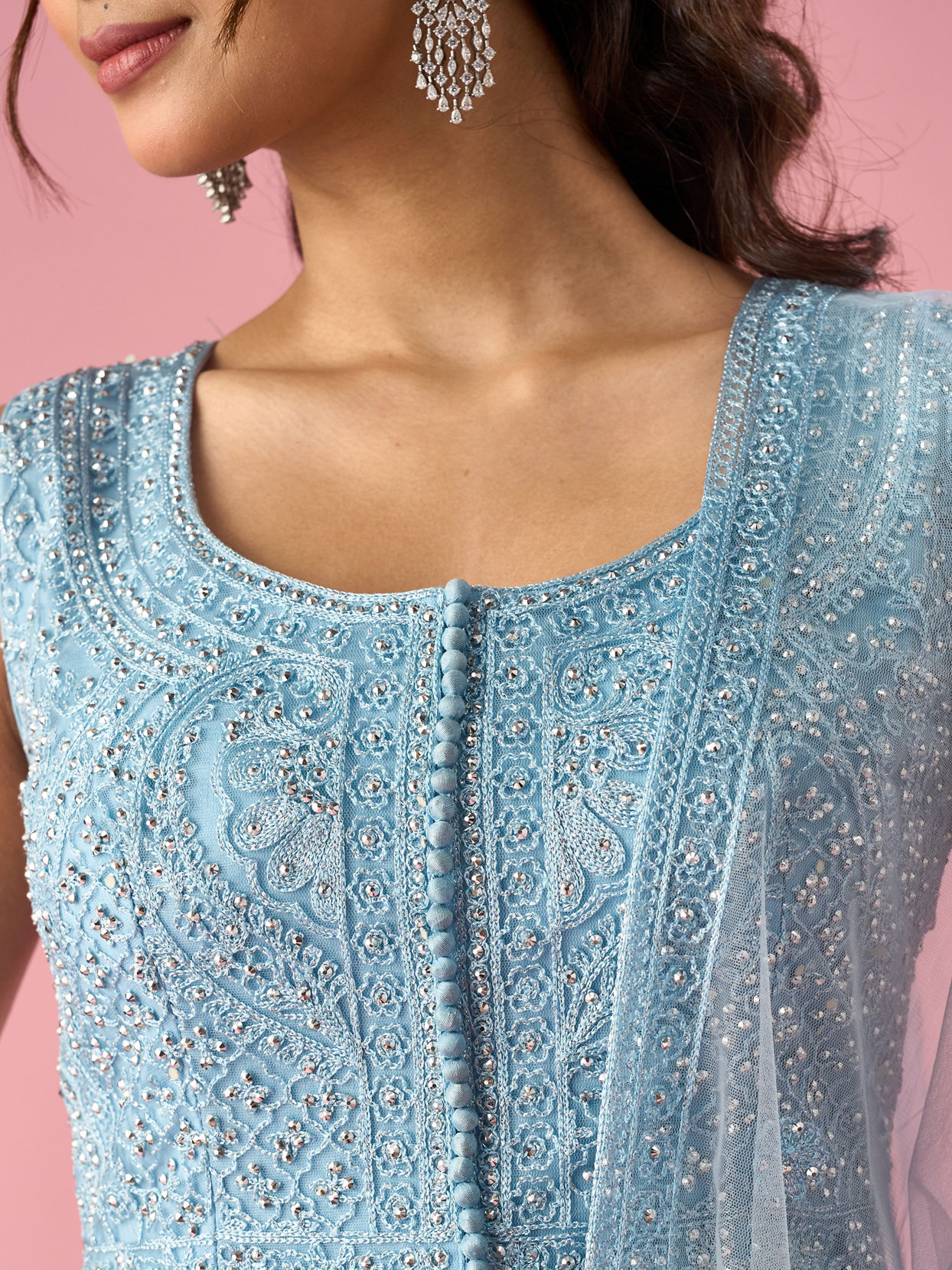 Mohey Women Light Blue Net Anarkali Suit with Stone Work