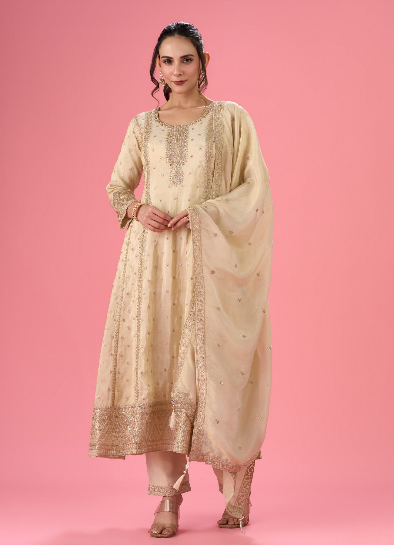 Mohey Women Elegant Cream Anarkali Suit