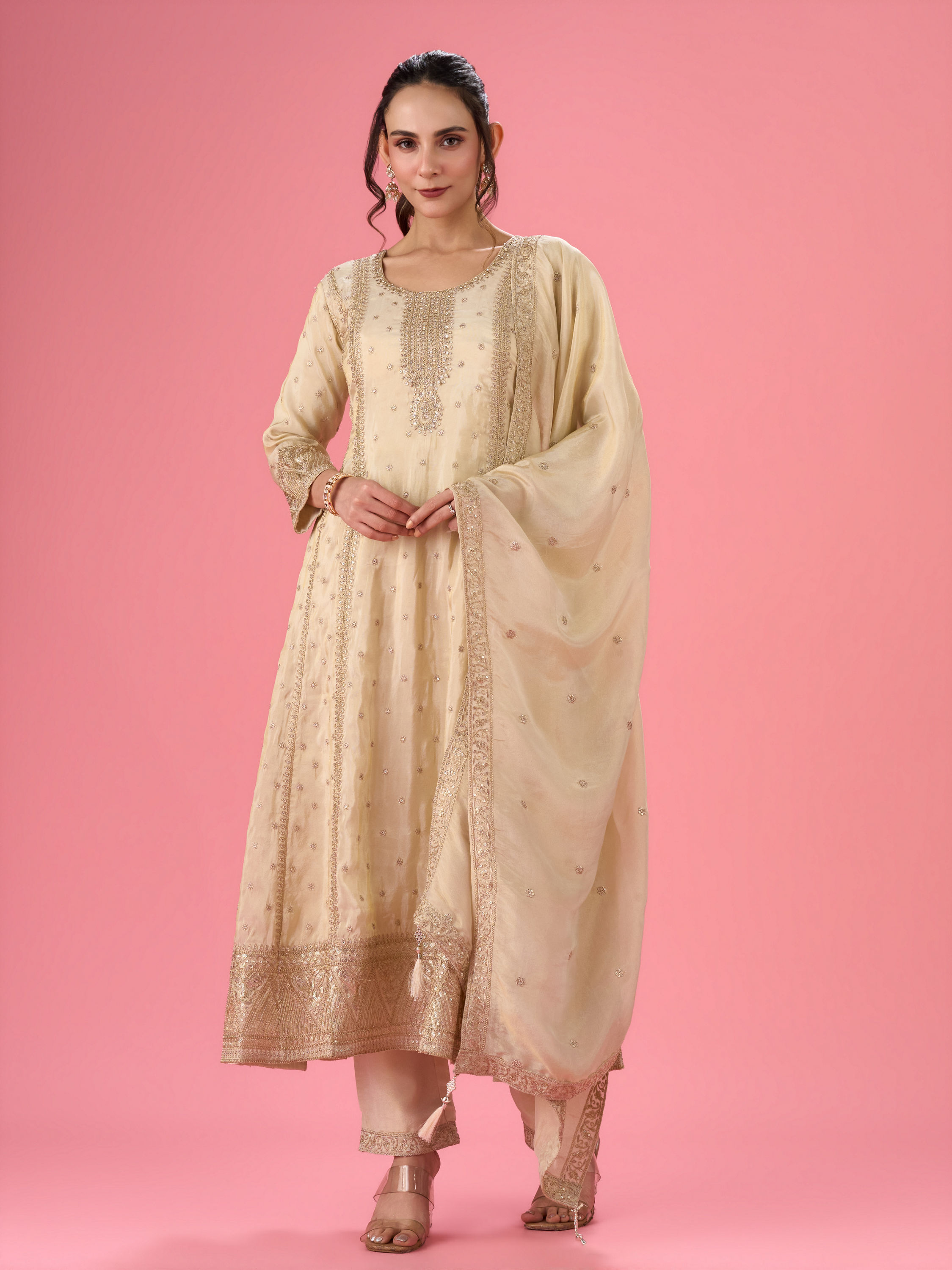 Mohey Women Elegant Cream Anarkali Suit