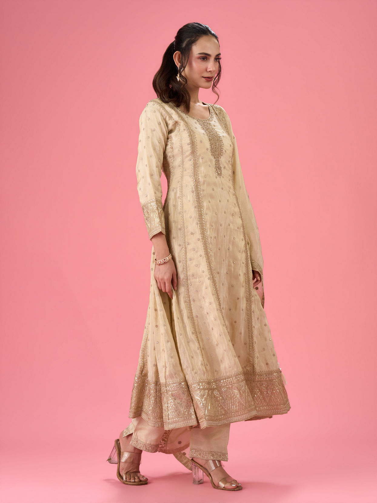 Mohey Women Elegant Cream Anarkali Suit