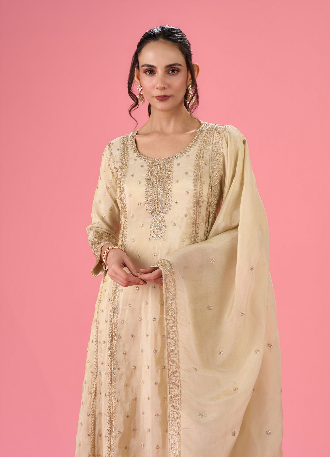Mohey Women Elegant Cream Anarkali Suit