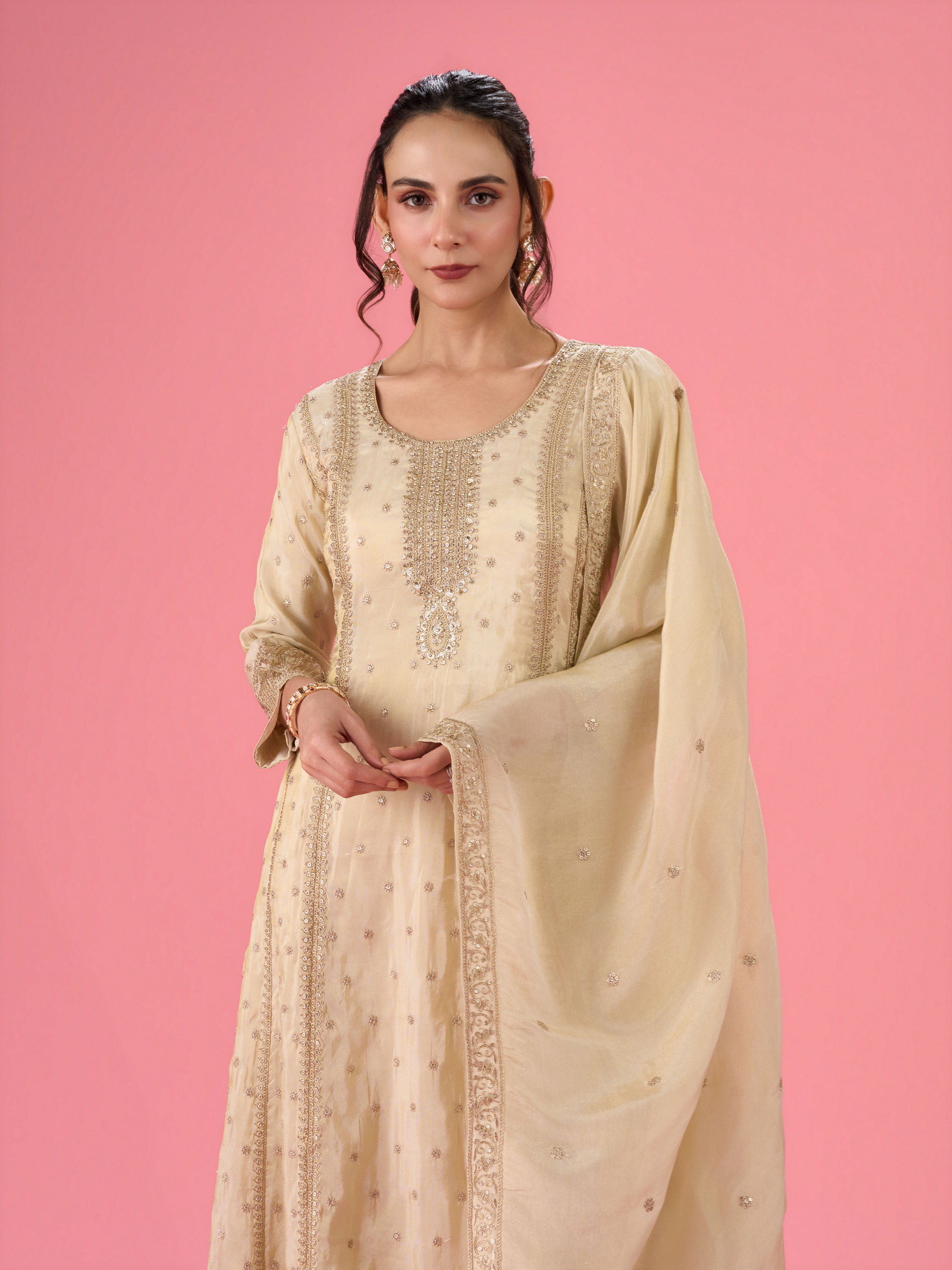 Mohey Women Elegant Cream Anarkali Suit