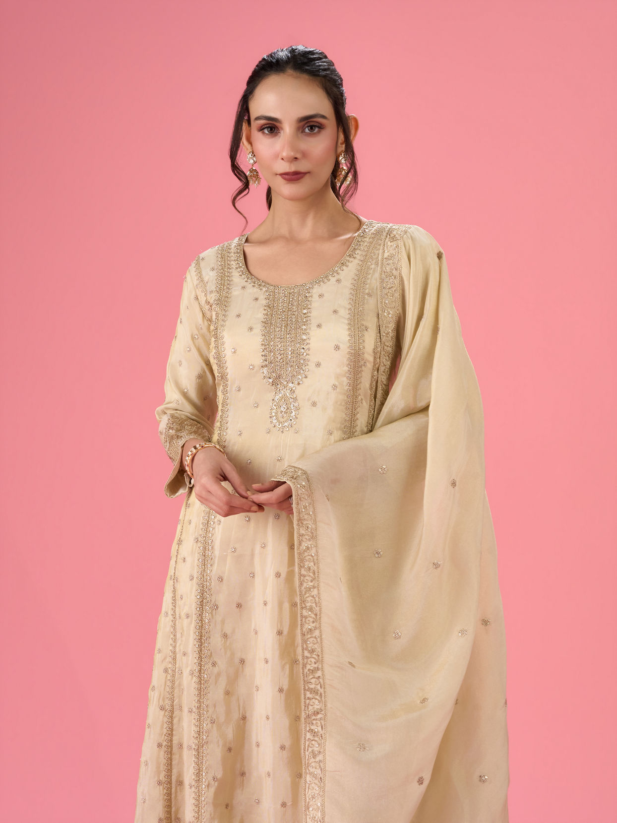 Mohey Women Elegant Cream Anarkali Suit