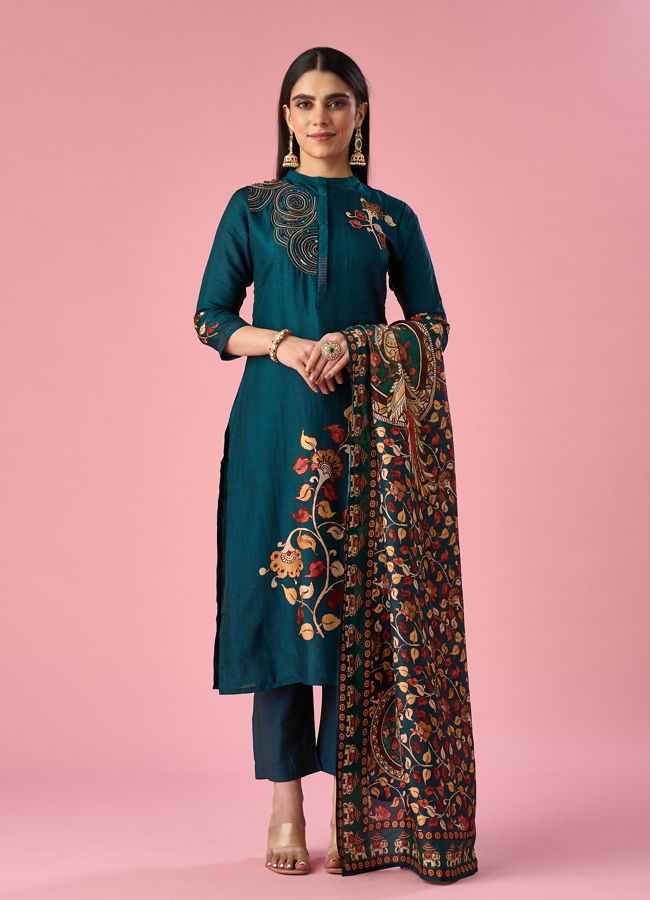 Mohey Women Blue Silk Straight Suit with Hand Embroidery