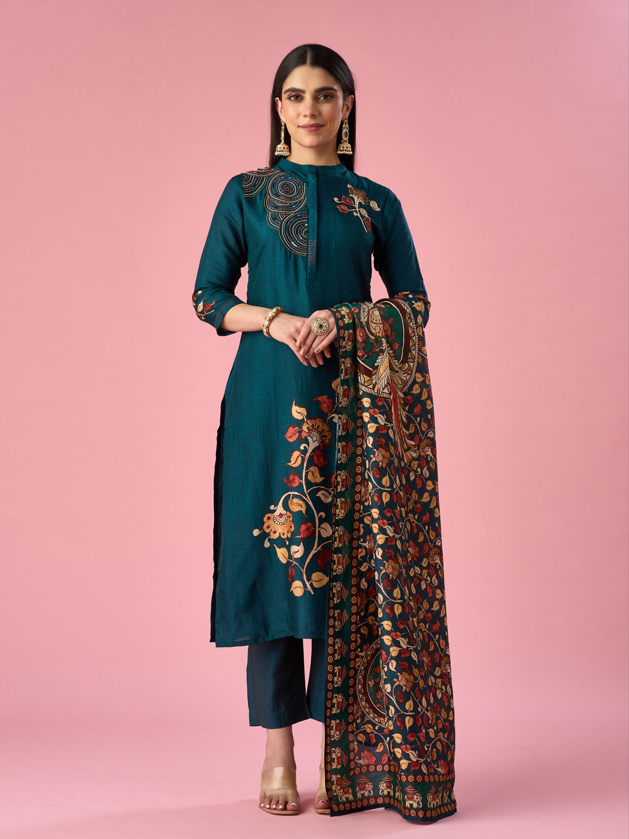 Mohey Women Blue Silk Straight Suit with Hand Embroidery