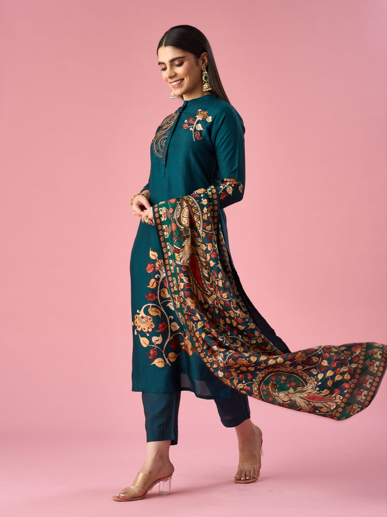 Mohey Women Blue Silk Straight Suit with Hand Embroidery