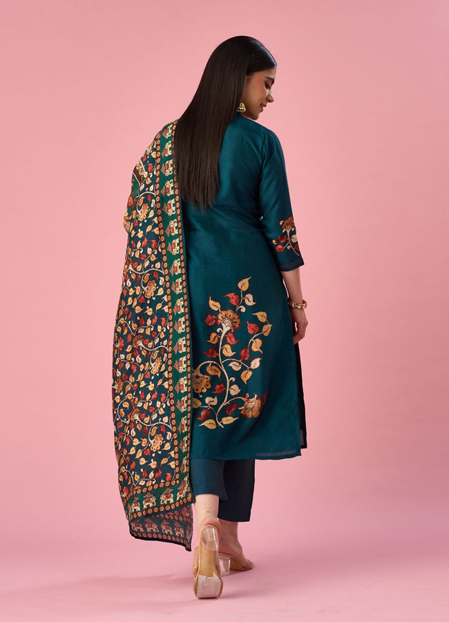 Mohey Women Blue Silk Straight Suit with Hand Embroidery