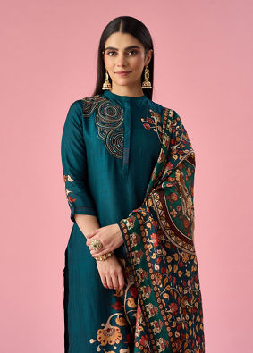 Mohey Women Blue Silk Straight Suit with Hand Embroidery