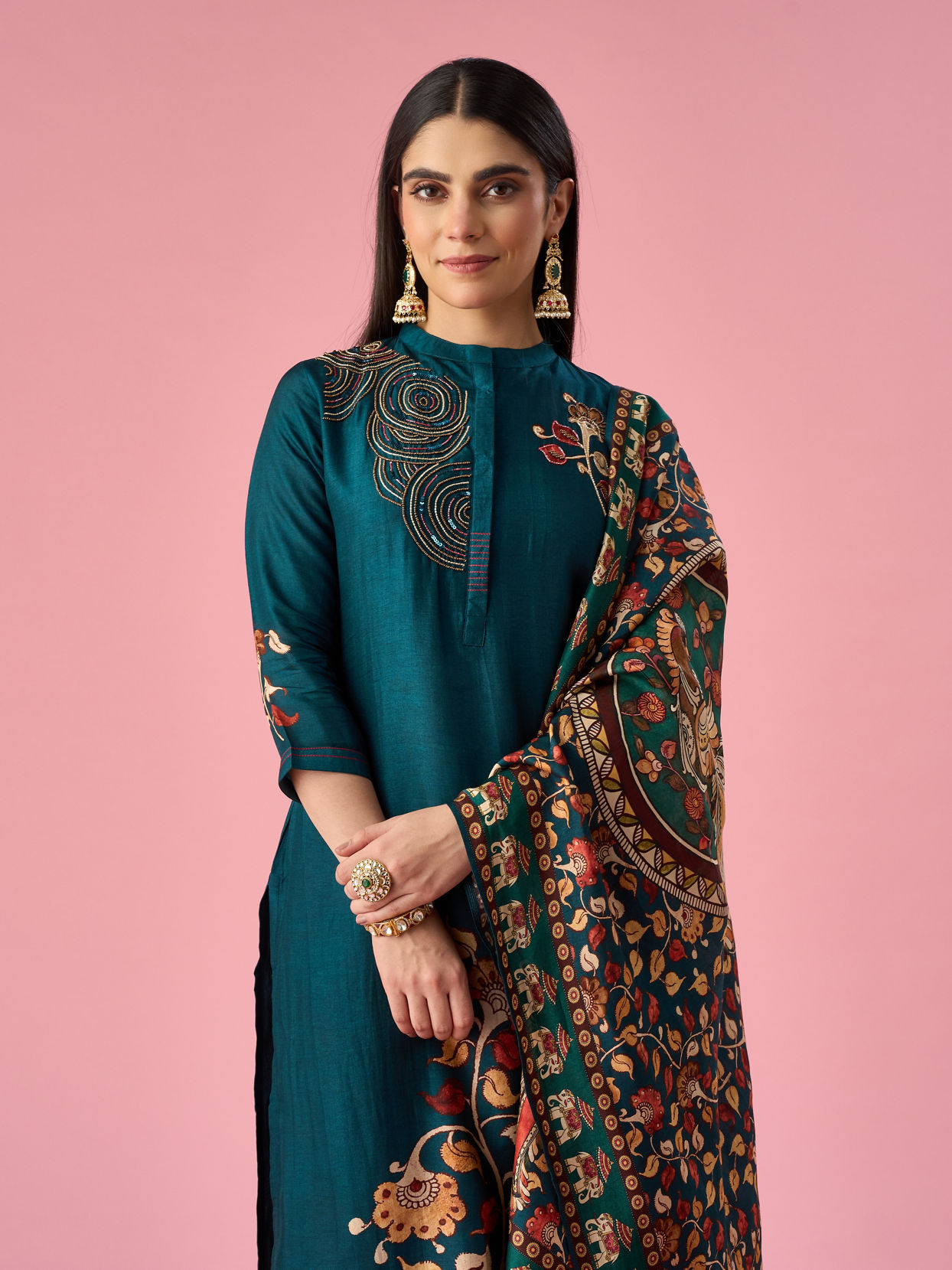 Mohey Women Blue Silk Straight Suit with Hand Embroidery