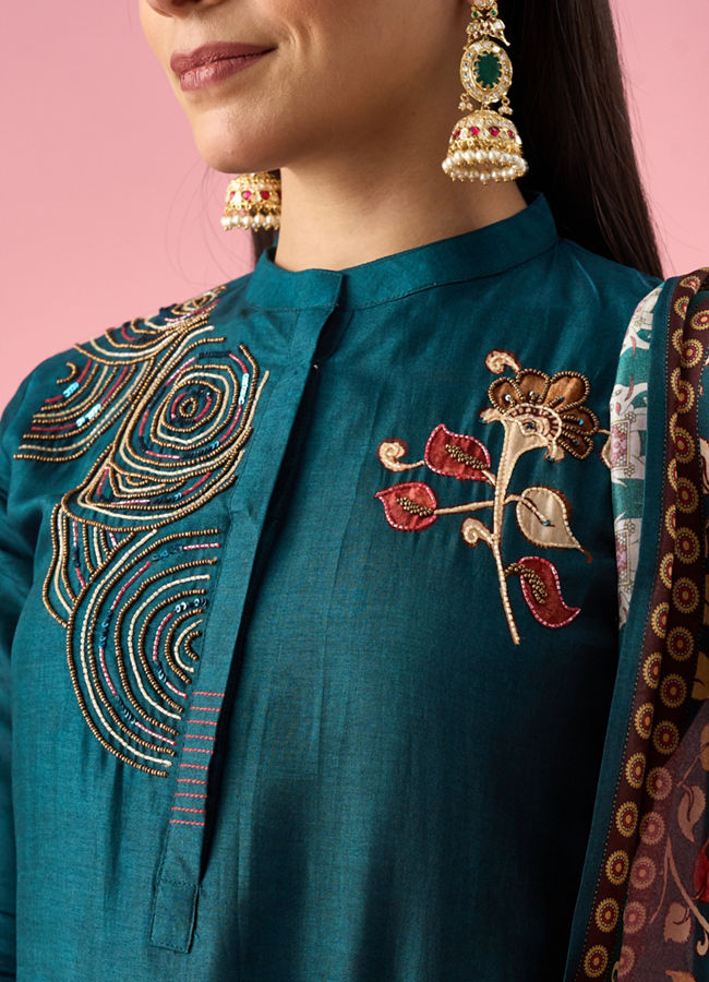 Mohey Women Blue Silk Straight Suit with Hand Embroidery