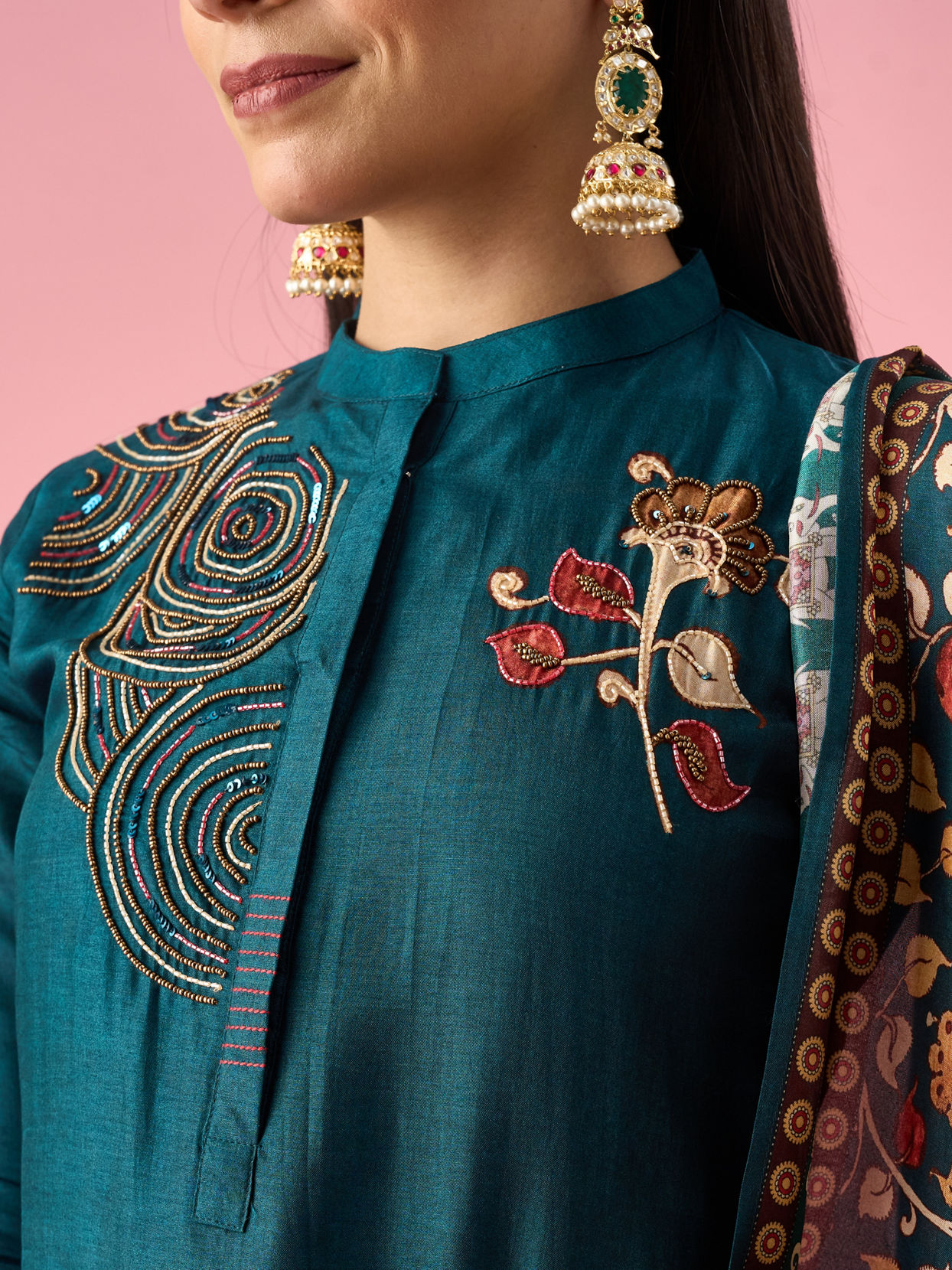 Mohey Women Blue Silk Straight Suit with Hand Embroidery