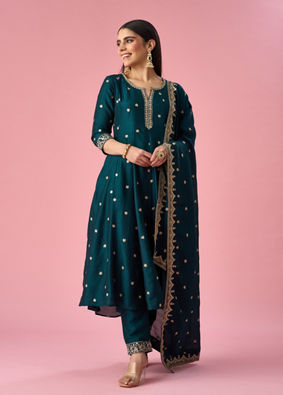 Mohey Women Green Art Silk Anarkali Suit with Sequin Work