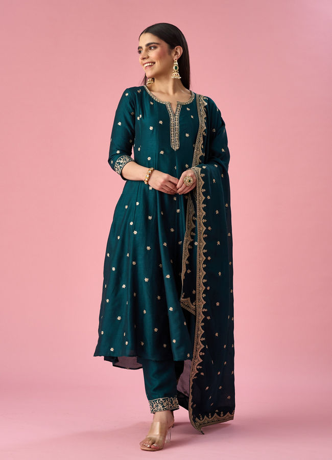 Mohey Women Green Art Silk Anarkali Suit with Sequin Work