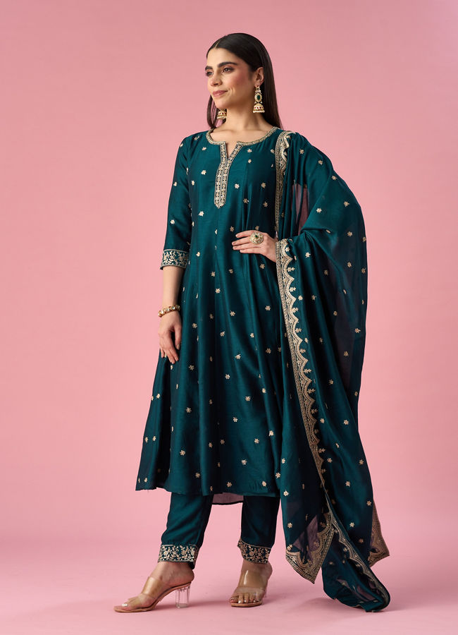 Mohey Women Green Art Silk Anarkali Suit with Sequin Work