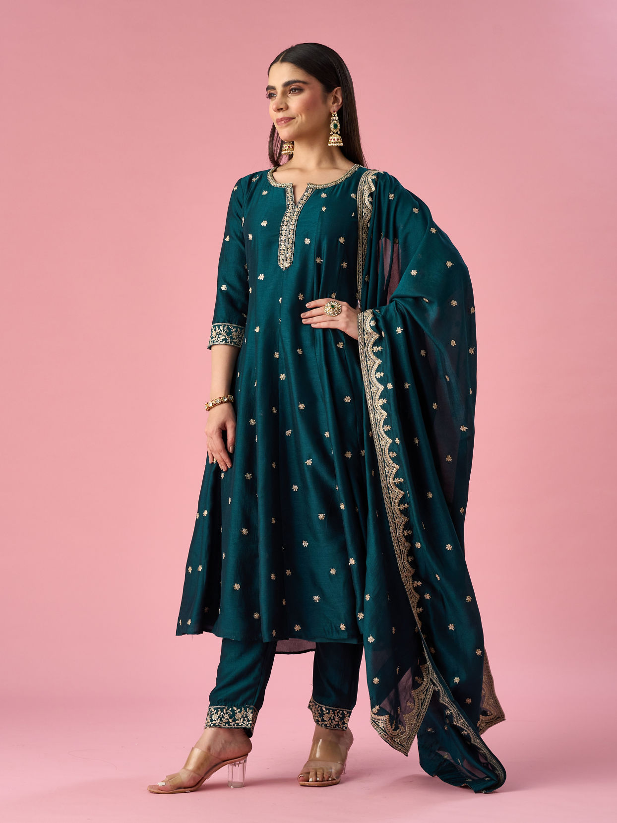 Mohey Women Green Art Silk Anarkali Suit with Sequin Work