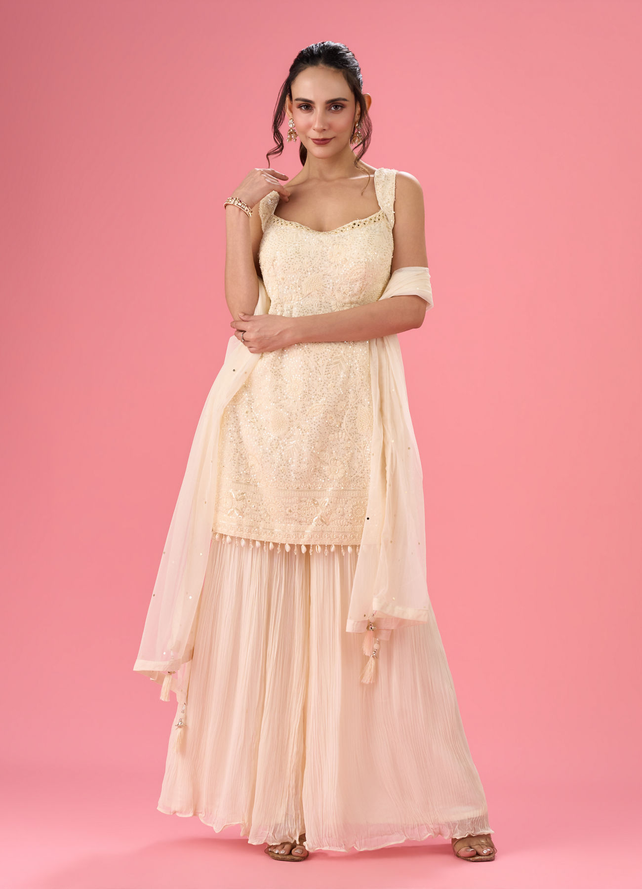 Mohey Women Elegant Georgette Cream Sharara Suit