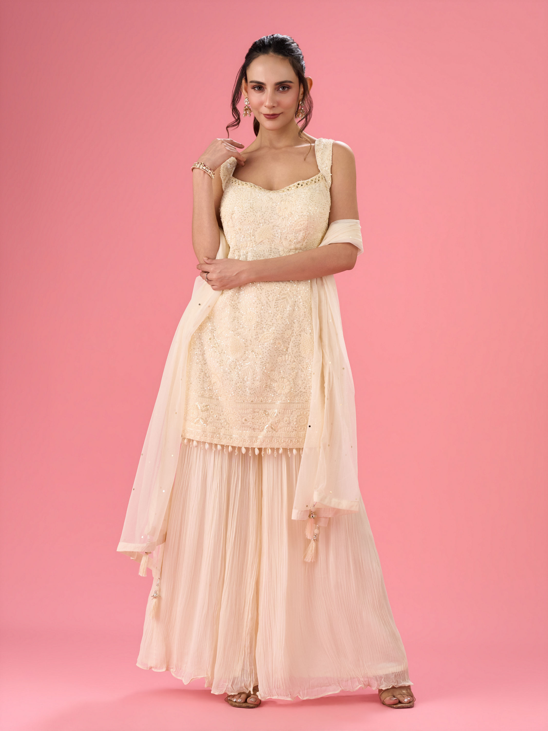 Mohey Women Elegant Georgette Cream Sharara Suit