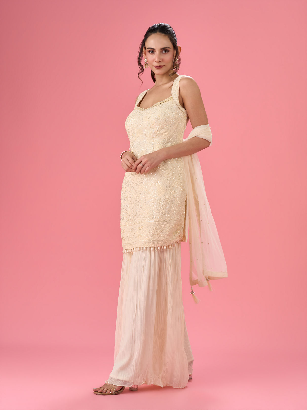 Mohey Women Elegant Georgette Cream Sharara Suit