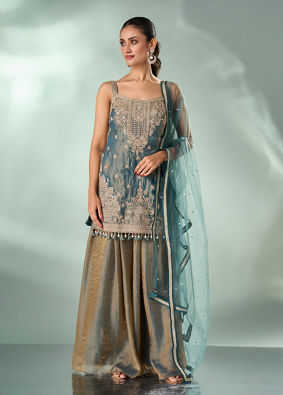 Mohey Women Green Organza Palazzo Suit with Mirror Work