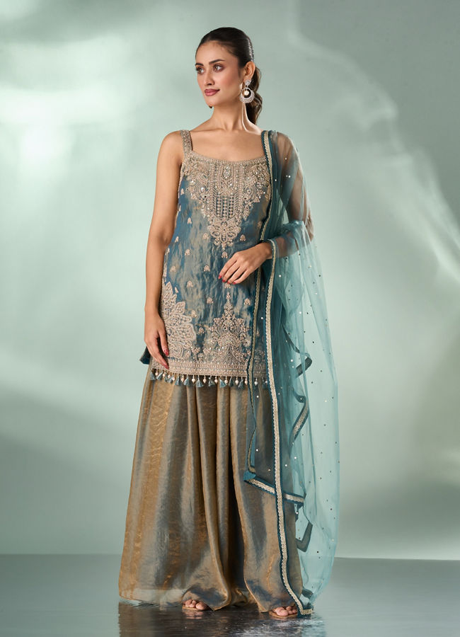 Mohey Women Green Organza Palazzo Suit with Mirror Work