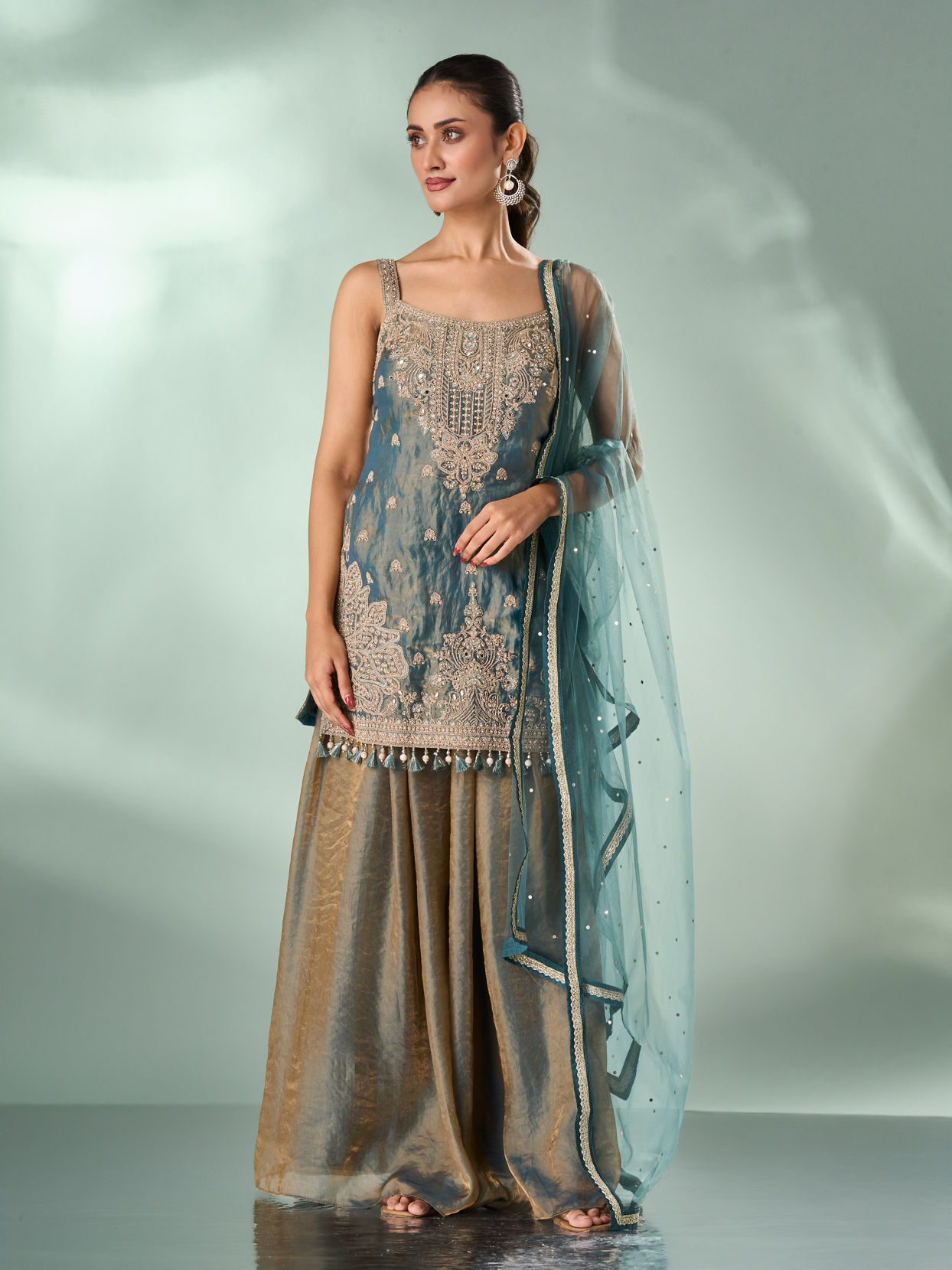 Mohey Women Green Organza Palazzo Suit with Mirror Work