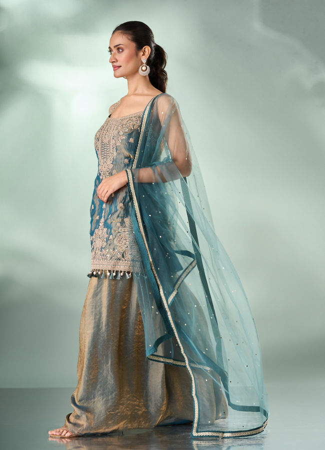 Mohey Women Green Organza Palazzo Suit with Mirror Work