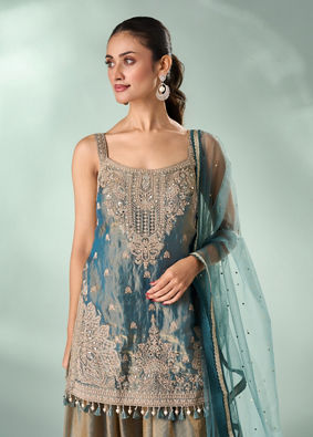 Mohey Women Green Organza Palazzo Suit with Mirror Work