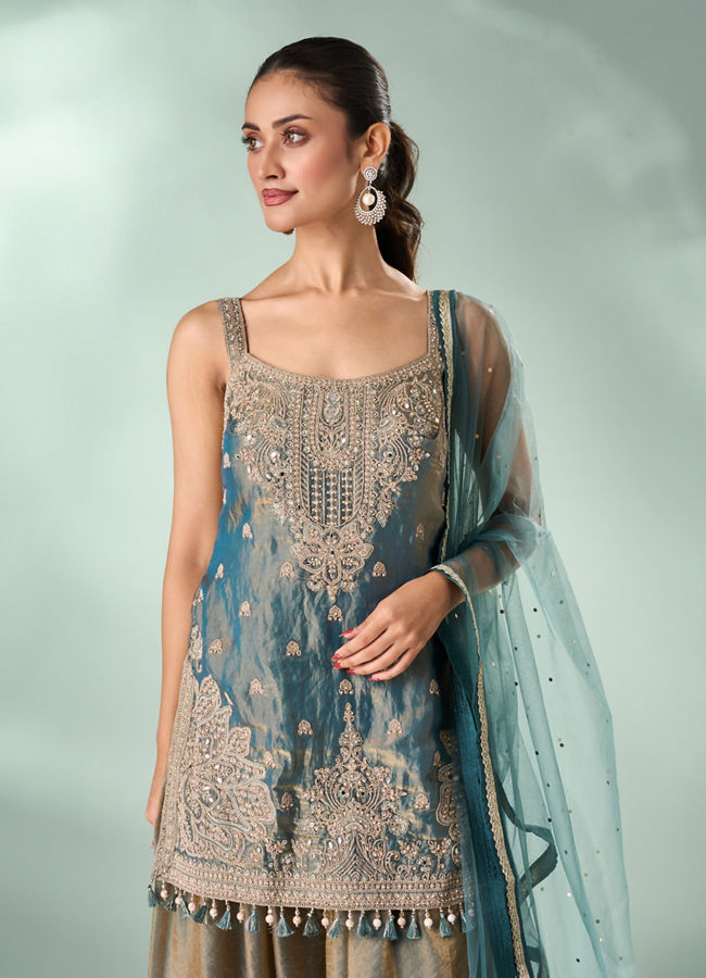 Mohey Women Green Organza Palazzo Suit with Mirror Work