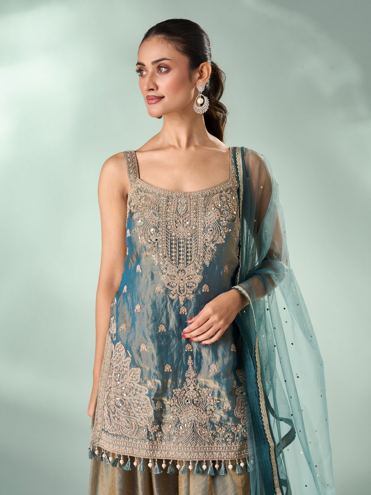 Mohey Women Green Organza Palazzo Suit with Mirror Work