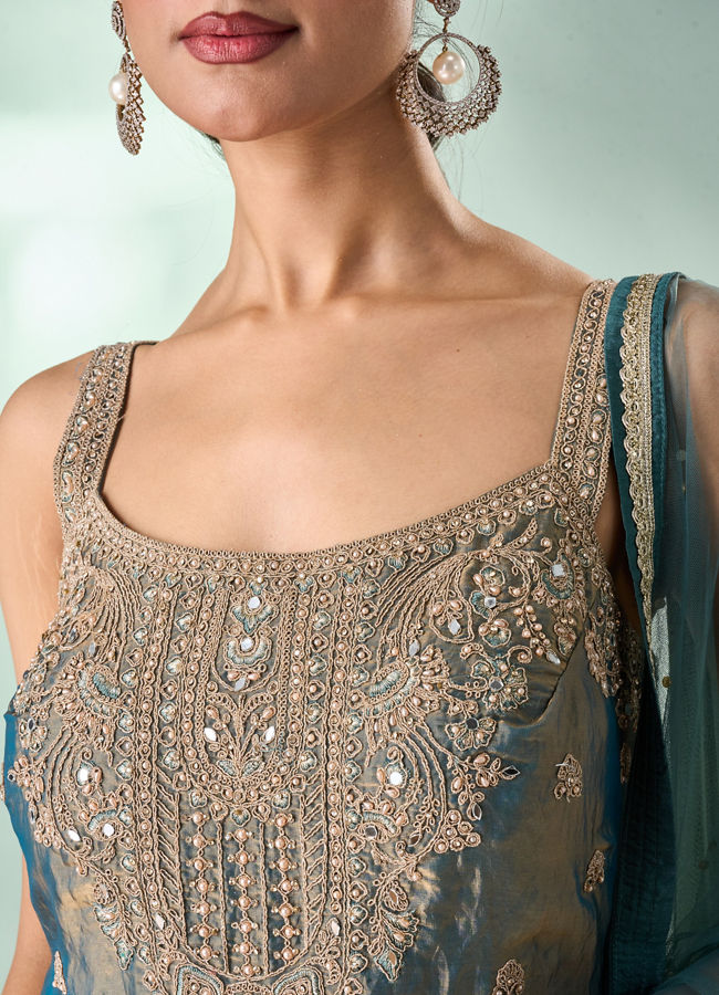 Mohey Women Green Organza Palazzo Suit with Mirror Work