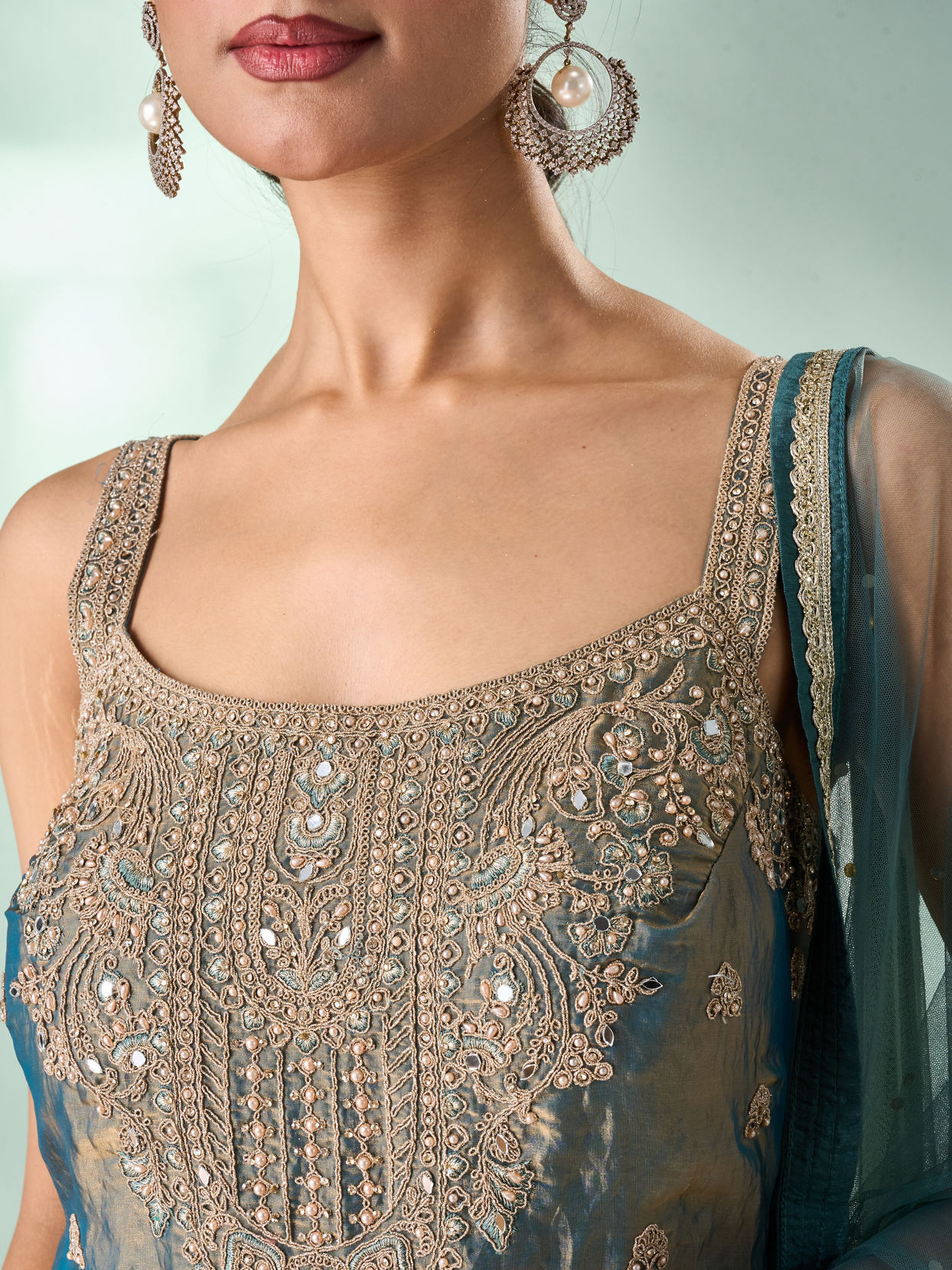 Mohey Women Green Organza Palazzo Suit with Mirror Work