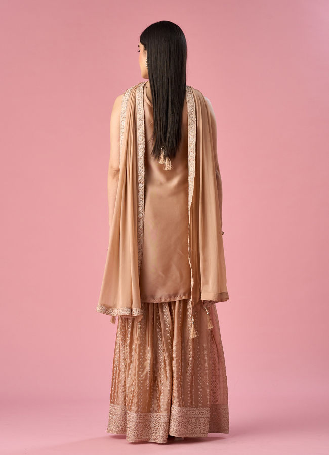 Mohey Women Fawn Silk Sharara Suit with Stone Work